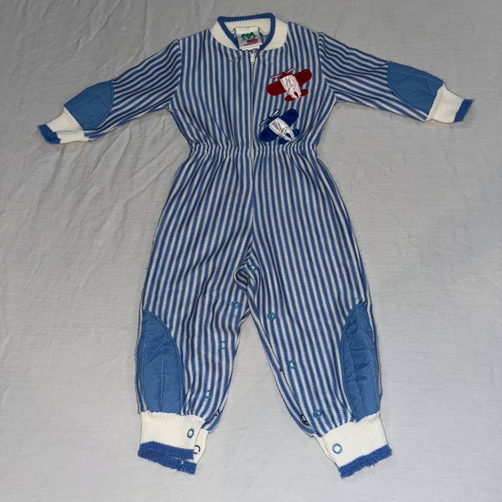 Vintage 70s Mint Condition Pilot Airplane Pinstripe Blue White One Piece 12 mon